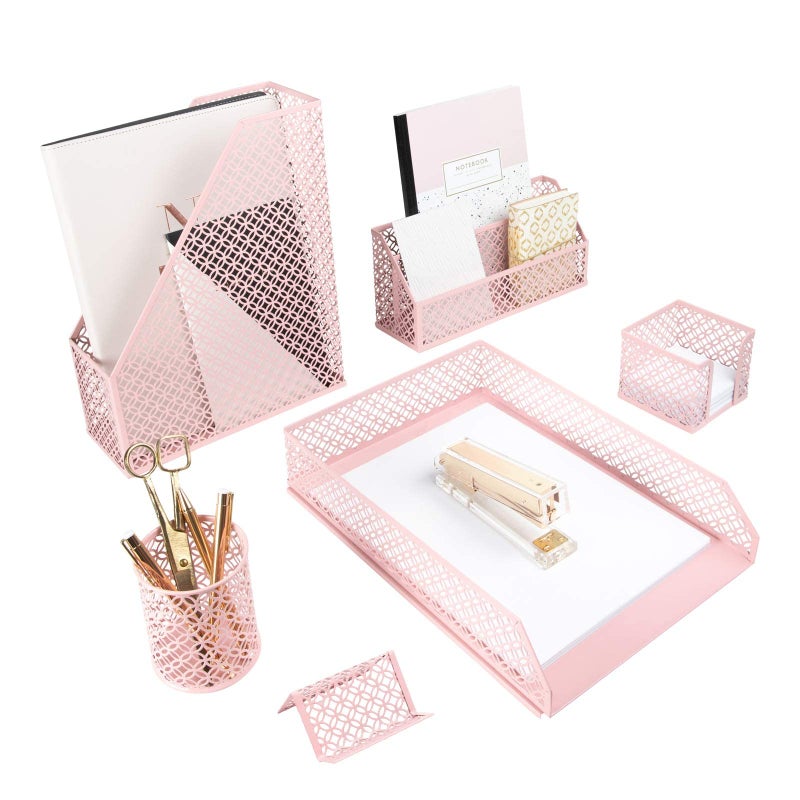 BLU MONACO Pink Desk Organizer Set for Desk Accessories -Mail Sorter  Sticky Note Holder  Pen Cup  Magazine Holder  Letter Tray  and business card holder-Pink Office Decor - Image 1